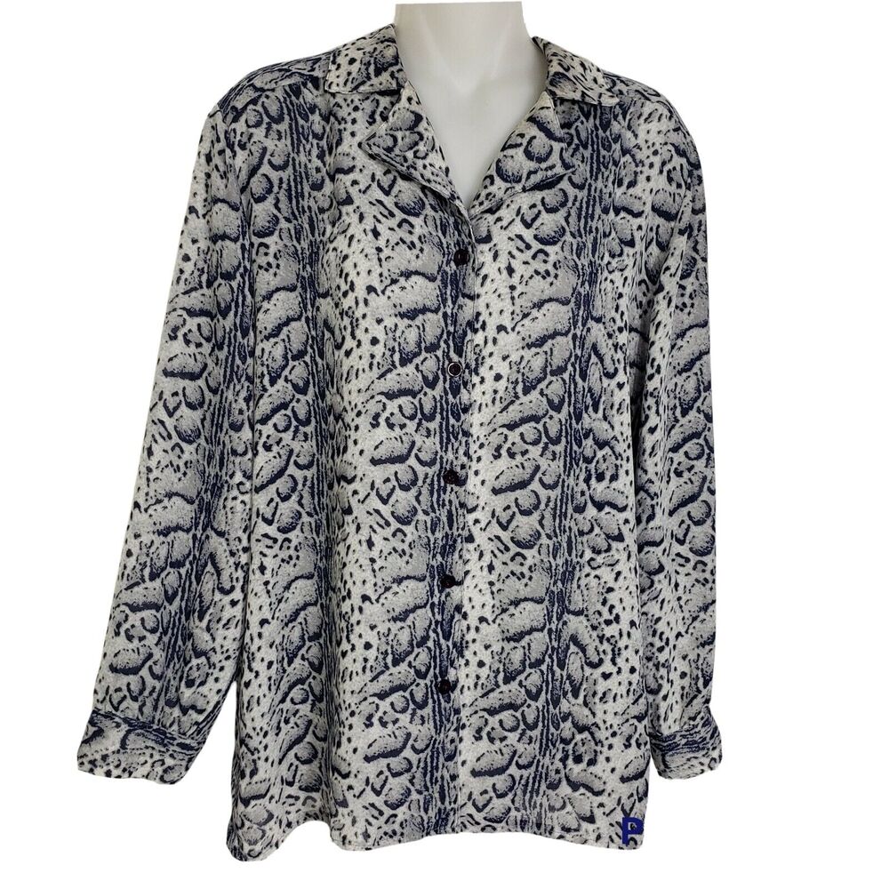 Vintage Da-Rue of California Womens Blouse Size 10P Button Front Blue Gray Print